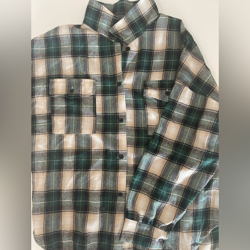 A light green , green and tan button down